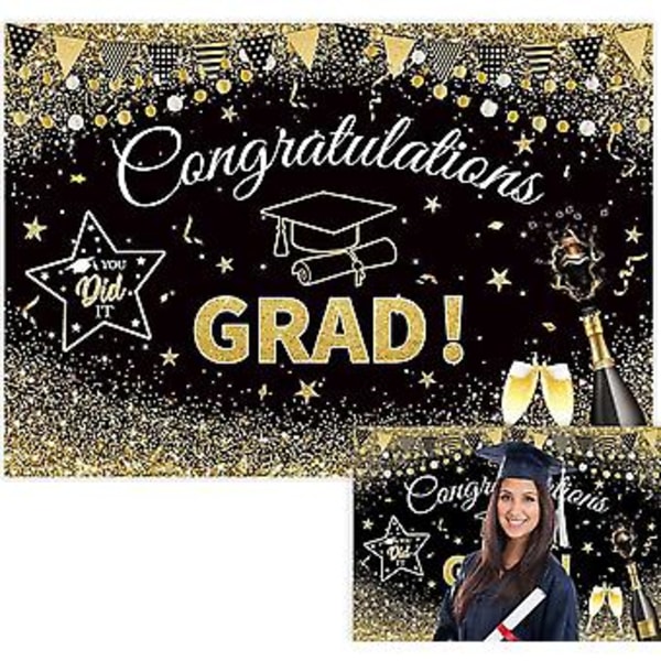 7x5ft Gratulerer med eksamen Bakgrunn Klasse av 2023 Glitter Gull Svart Flagg Stjerner Akademisk Hette Diploma Fotografi Bakgrunn for Gratulasjonsfeiring