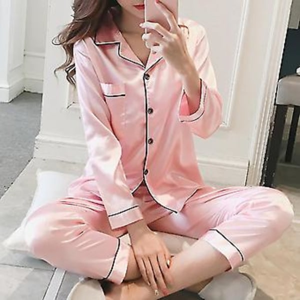 Dam Satin Silk Look Pyjamas Långärmad Nattkläder Set (L Rosa)
