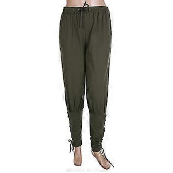 Retro Herre Ensfarvede Kalvebånds Bukser Renaissance Middelalderlig Pirat Kostume Bukser (2XL Army Grøn)