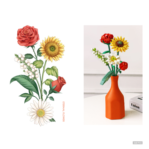 Bukett med blomster/byggesett, DIY-leker til gave 547 deler