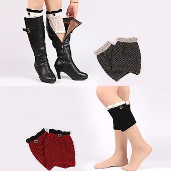 Naisten Talviset Paksuun Krokikudottuun Neuleeseen Leg Warmers Kontrastivärisellä Rypytetyllä Reunalla Napilla Varustetut Saappaan Varren Peitteet Sukat (Musta 2)
