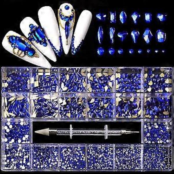 Nagelstenar Kit, Nagelsmycken Platta AB-stenar Kit DIY Hantverk Ädelstenar för Naglar, Skor, Kläder, Smycken (600 Blå Diamanter + 2500 Fla