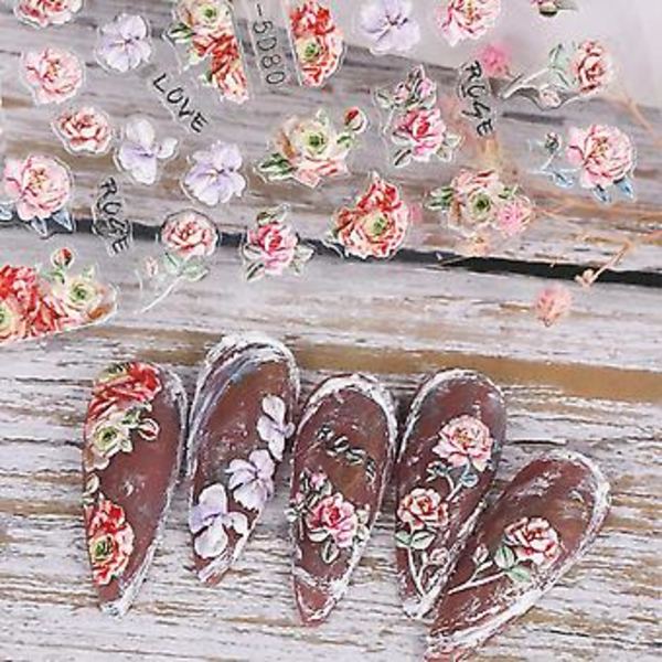 Blomster Nagelsticker Utsökt 5D Ihålig Präglad Ros Spets Blomma Utsökt Mönster Självhäftande Nageldekaler Romantisk Blomma Nageltillbehör Design
