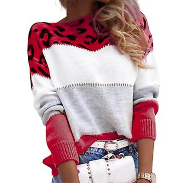 Långärmad Löstsittande Stickad Tröja Höst Vinter Leopardmönstrad Patchwork Färgad Pullover Tröja Damkläder (2XL Röd)