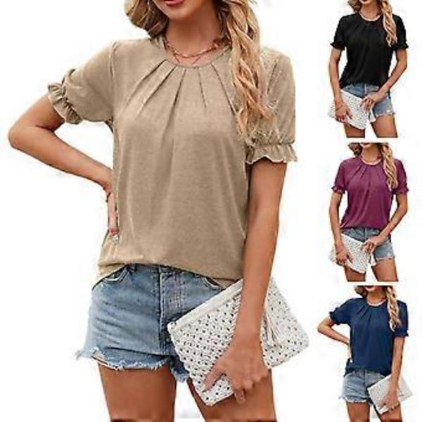 Naisten lyhythihainen rento T-paita kesäksi, laskostettu pyöreä pääntie, väljä pusero, toppi XXL Khaki(XXL Khaki)