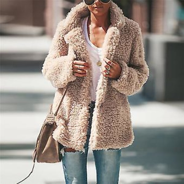 Dam Teddybjörn Fleece Fluffig Jacka Cardigan Kavaj Ytterplagg (L Aprikos)