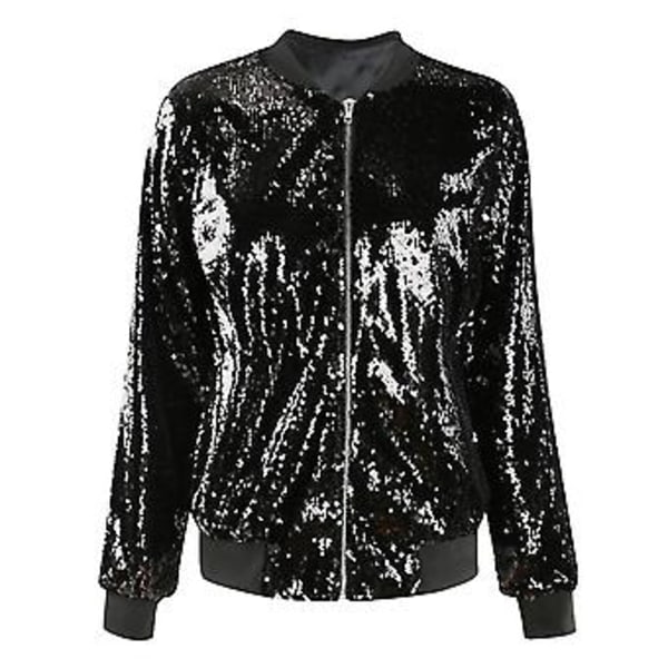 Kvinners Sequin Lang Ermet Front Glidelås Jakke (XL Svart)