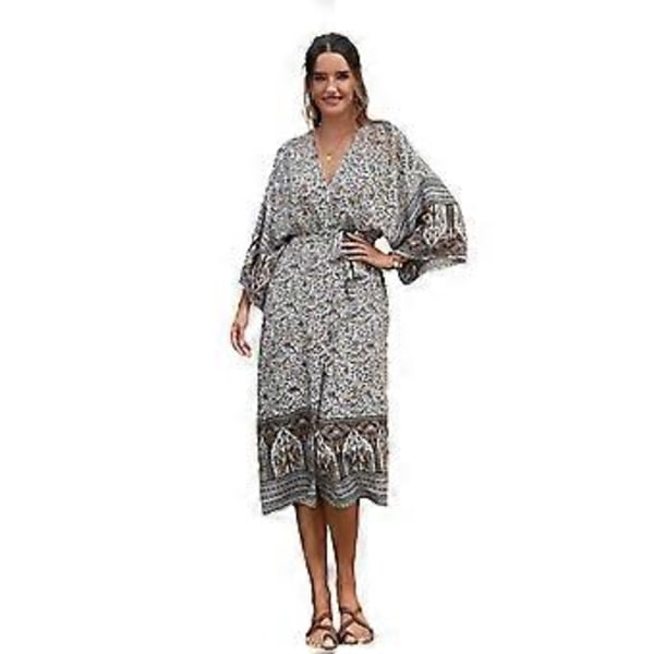 Dam Bohemisk Blommig Kimono Baddräkt Överdrag Sommar Ledig Lös Öppen Framsida Koftor Strandklänning för Baddräkt Khaki (Khaki)
