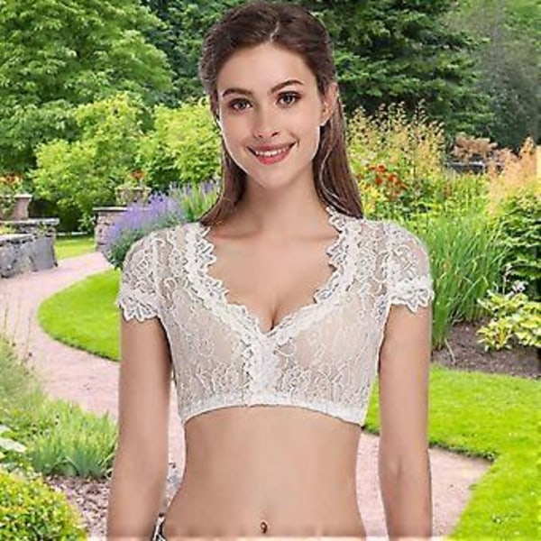 Dirndl-blus för kvinnor, djup V-ringning, halvärmad, spetsad, kort topp, Oktoberfest-kostym (XL Vit)