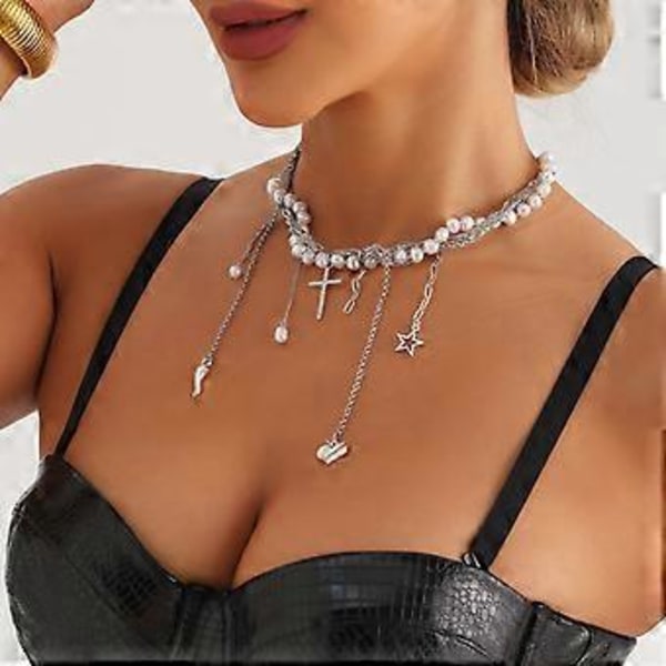 Elegant lagdelt halskjede med perler og distinkt sjarm, kjedechoker, mote smykker, gave til kvinner og jenter