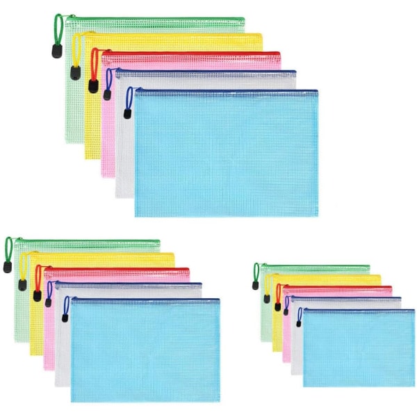 15-pack dokumentpåsar, dokumentmapp PVC-blixtlåsficka, A3 A4 A5-filpåsar för dokumentförvaring Buss