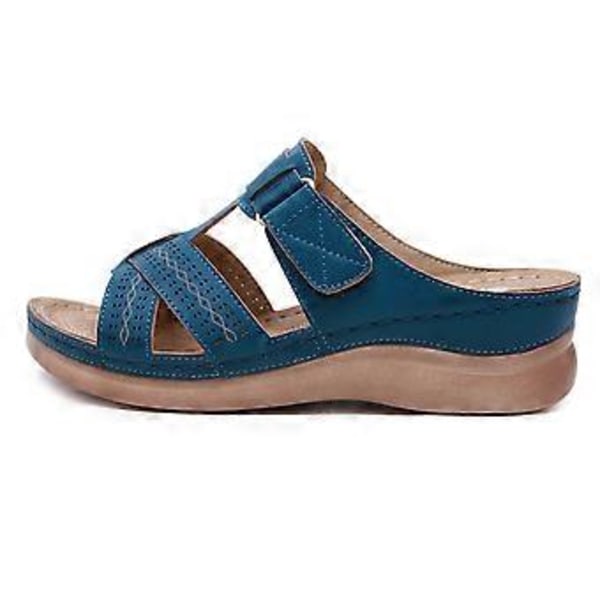 Sandaler for kvinner med tykk såle og søm, stor størrelse, sommerkilhæl, tøfler (EU 36 Blå)