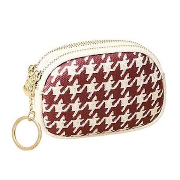 Mini Silm Visitkortsplånbok Trendig Dubbel Dragkedja Houndstooth Mönster Läder Lämplig för Tjejer (Vinröd)