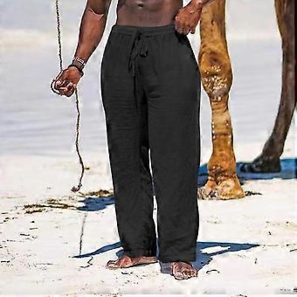 Herr Sommar Andningsbara Linnebyxor Lätta Yoga Strand Bomull Linne Enfärgade Byxor Lösa Casual (XL blå)