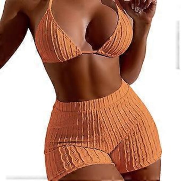 Sportiga tvådelade baddräkter för damer, halterneck push up-toppar, atletiska badkläder, ribbad bikini set Orange M(M Orange)
