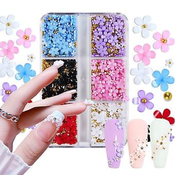3D Blomster Nagel Charm för Nagelkonst, 6 Rutor 3D Nagelblommor Strass Kit Akryl Resin Körsbärsblommor Nagelkonst Dekaler Charm Med Metallpärlor Nagel D