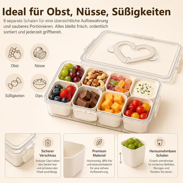 Snacklåda med fack, snackbricka med lock, läckagesäker snackskål i plast, förvaringslåda för snacks