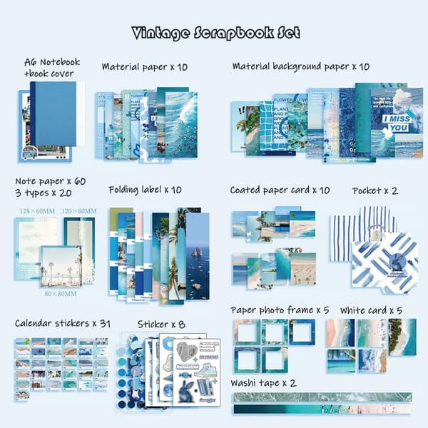 155 deler Scrapbooking tilbehørsett, estetisk Bullet Journal Scrapbook-sett med A6 Grid Noteboo