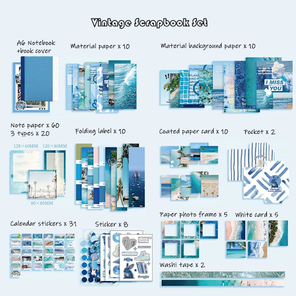 155 stykker Scrapbooking tilbehørssæt, æstetisk Bullet Journal Scrapbook Kit med A6 Grid Noteboo