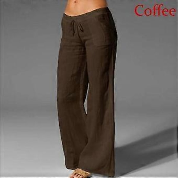 Dame Vår Sommer Bomull Lin Bukser Casual Elastisk Midje Vide Ben Bukser Mote Hvite Svarte Bukser (L kaffe)