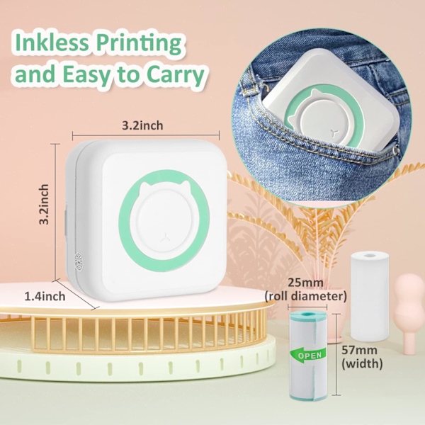 Mini Termisk Printer, Bærbar Blækfri Bluetooth Printer med 5 Klistermærkeruller og 5 Termisk Papirruller