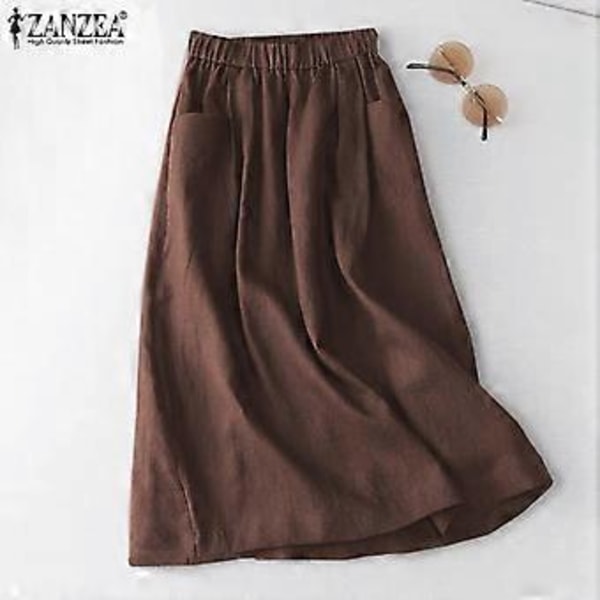 ZANZEA Dame Ensfarget Elastisk Midje Casual Bomull Lange Skjørt (4XL svart)