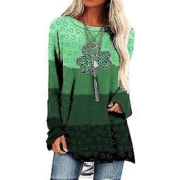 Naisten pitkähihainen St. Patrick's Day -paita, onnenapila-tonttukuvioinen pusero, löysä toppi -NMAOV(XL B)