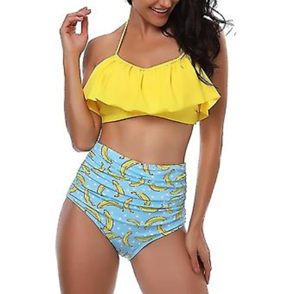 Flickbaddräkt Tvådelad Bikini Set Volang Falbala Badkläder Baddräkter-e( Banan)