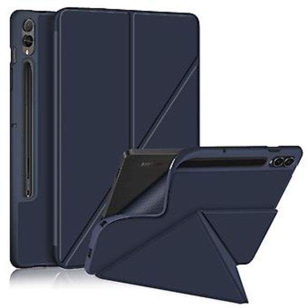 Multi-folding lærtablettveske for Samsung Galaxy Tab S9 (Mørk blå)