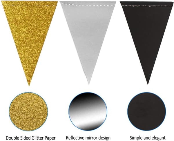 4 stk. 12M dobbeltsidet glitterpapir trekantflag, sort og guld