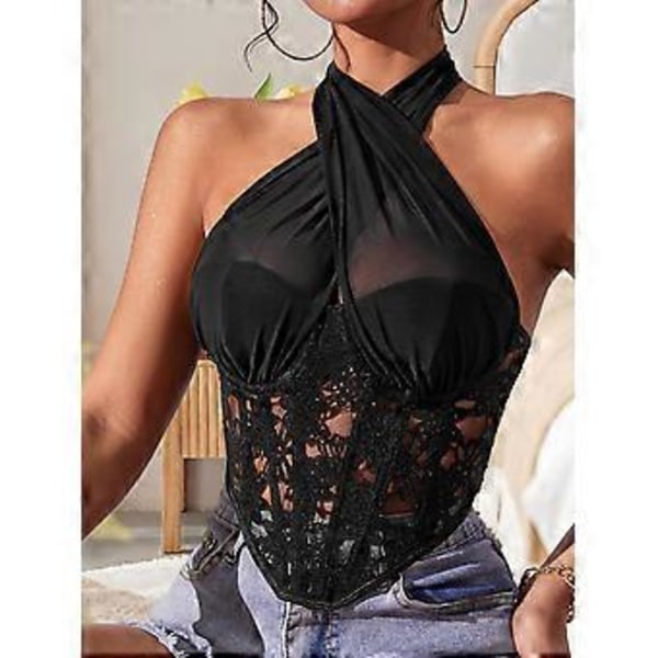 Sexig Bustier Topp i Spets Mesh för Kvinnor, Formande Rygglös Korsett Bustier Crop Top (XS svart)