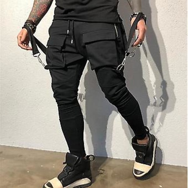 Cargo-byxor för män med elastisk midja, fransar, flera fickor, enfärgad, midjehöjd, casual, hiphop, streetwear (2XL Röd)