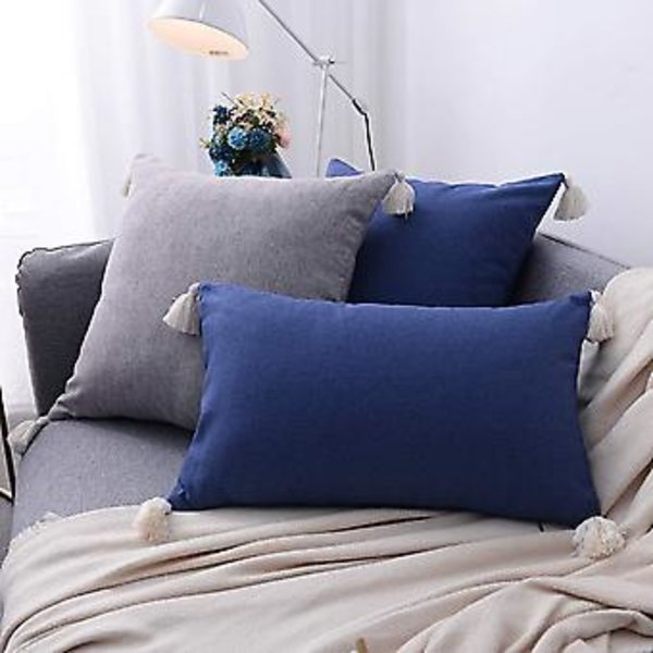 Landelig bomulls- og linputetrekk med frynser - Dekorative lumbarputetrekk for sofa, soverom, bil (navy 04, 12\"x20\")