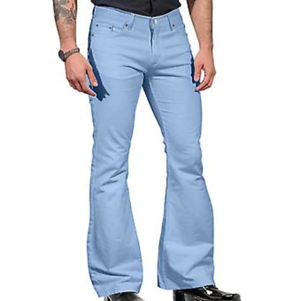 Vintage Jeansbukser Solid Farge Elastisk Smal Passform Midje Bell Bottom Bukser Mote Menn Flare Bukser (L Lys Blå)