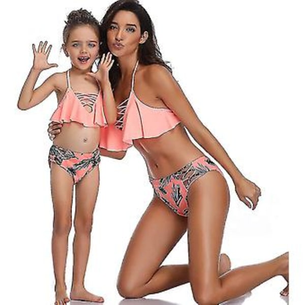 Flickbaddräkt Tvådelad Bikini Set Volang Falbala Badkläder Baddräkter-e( Orange B)