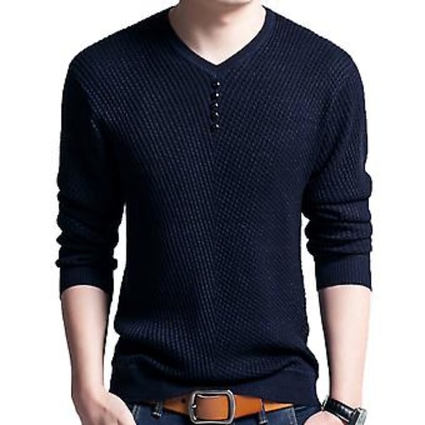 Fianao Chic Menn Solid Farge V-Hals Lang Erme Pullover Slim Fit Strikket Genser Bluse (XL Marineblå)