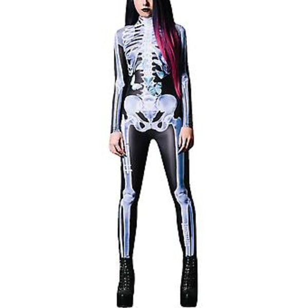 Skeletdragt til kvinder, heldragt, udklædning, Halloween kostume (XL)