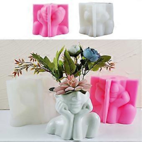 DIY Ihmisen Kasvojen Muoto Silikoni Kukkaruukku Muotti Keramiikka Savi Käsityöt Muotti Epoksihartsi Betoni Muotit Kynttiläruukku Muotti Pinkki (Pinkki)