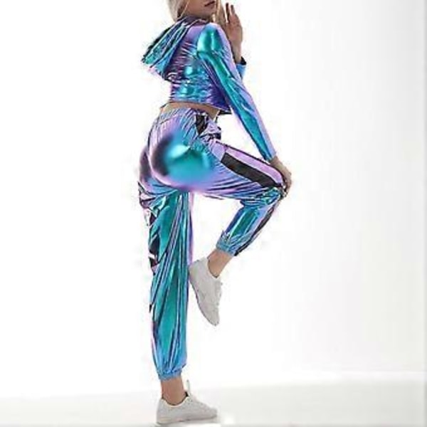 Rave-outfit för damer, glänsande crop top-hoodie, metalliska lediga långbyxor, hoodie-träningssweatshirt, discodans-klubbkläder (XX-Large Blå)