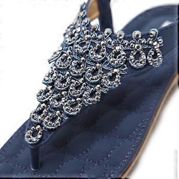 Sommersandaler Rhinestone Boho Store Størrelse Dame Flade (EU 35 Blå)