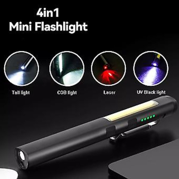 Genopladelig Pen Light Lommelygte UV-lys 4 Tilstande Lomme Camping Arbejde Reparation ( )