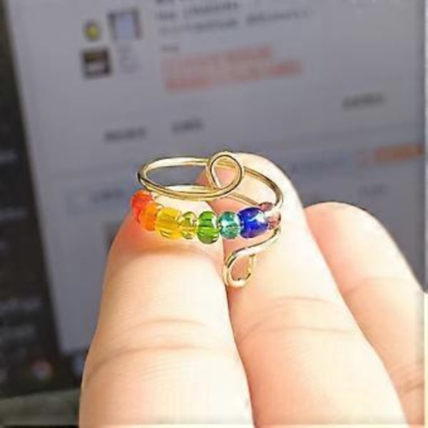 NY, Regnbue Perler Fidget Ring - Anti-angst Meditationsring Med Drejelig Spiral - Justerbar Hypoallergen Legeringsring Til Kvinder, Hurtig Forsendelse (Guld)
