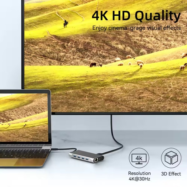 USB 3.0 Type C HUB-adapter til 4K HDMI-kompatibel VGA RJ45 Lan Eth