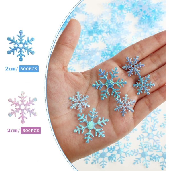 600 st Snowflakes Confetti， Vit och blå konstgjord snöflinga Pa