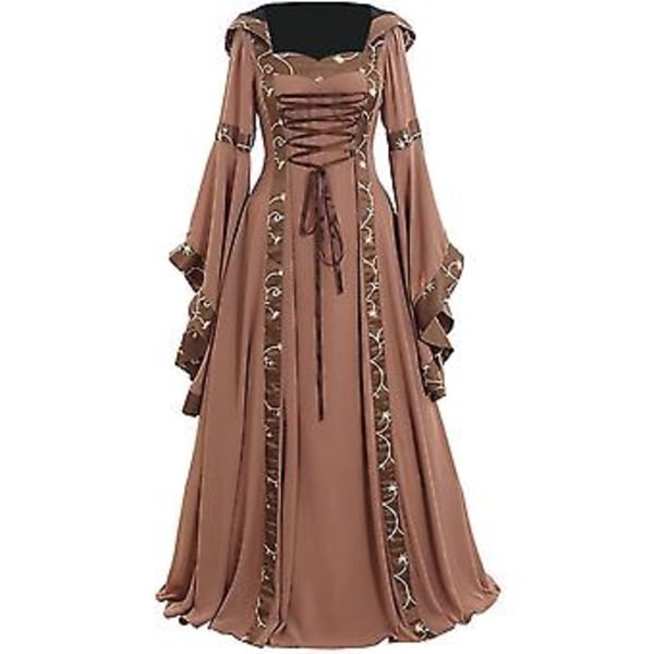 Fianao Keltisk Kvinders Snørebånd Langærmet Gulvlang Middelalderkjole Halloween Kostume (L Khaki)