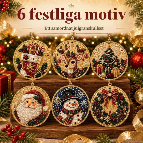 6-delt juletrepyntsett i tre, DIY perle- og rhinsteinmalingssett (H) H