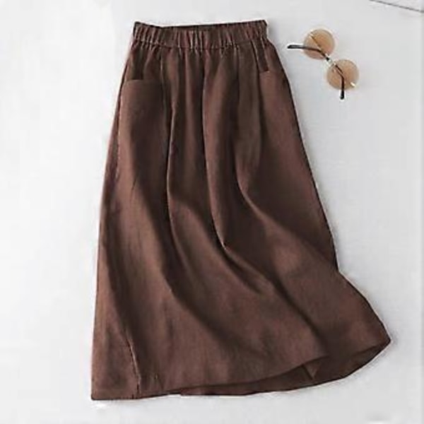 ZANZEA Dame Ensfarget Elastisk Midje Casual Bomull Lange Skjørt (2XL brun)