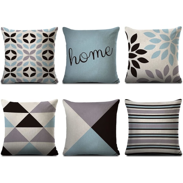 Set of 6 Decorative Linen Cushion Covers 45x45cm Geometric Patter