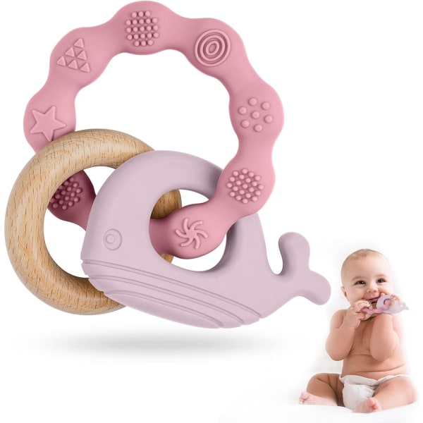 (Pink)Babybiderring, 2 i 1 silikone og træ, børnebørnende legetøj beroliger tandkød til babyer 3 måneder og