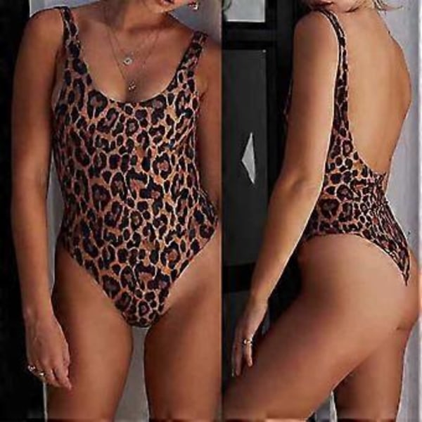 Sexet Dame Ét-delt Rygløs Badetøj Bikini Leopard Print Ærmeløs Badedragt (XL)